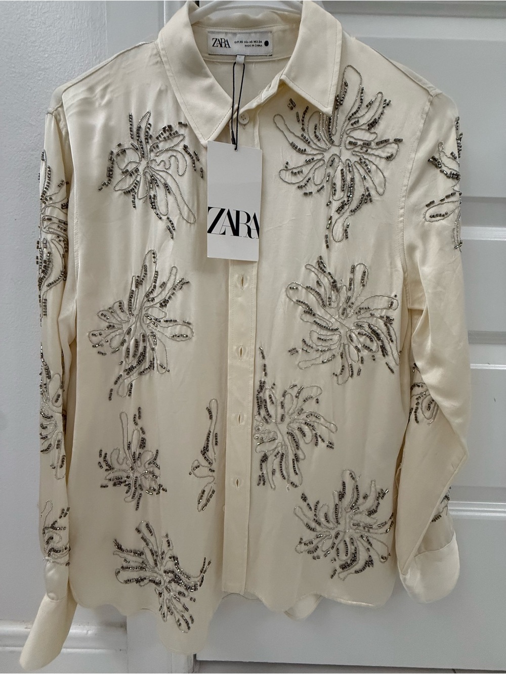 Zara Cream Beaded Embellished Button-Down Shirt